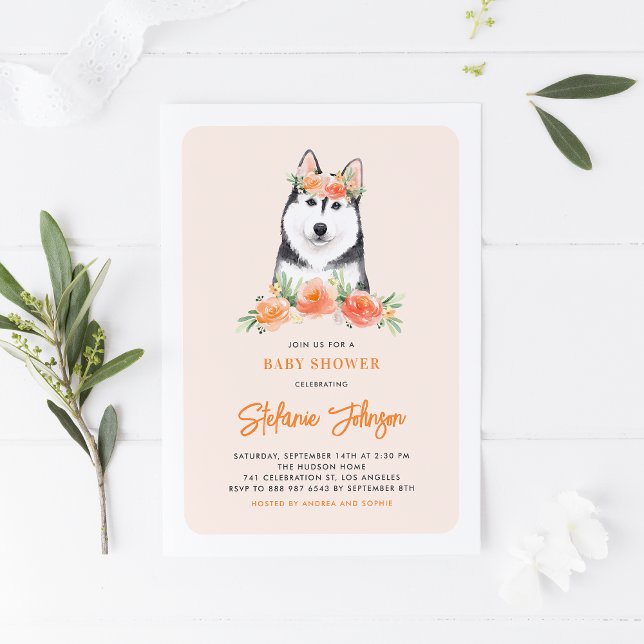 Invitación Cute Siberian Husky Peach Floral Baby Shower (Subido por el creador)