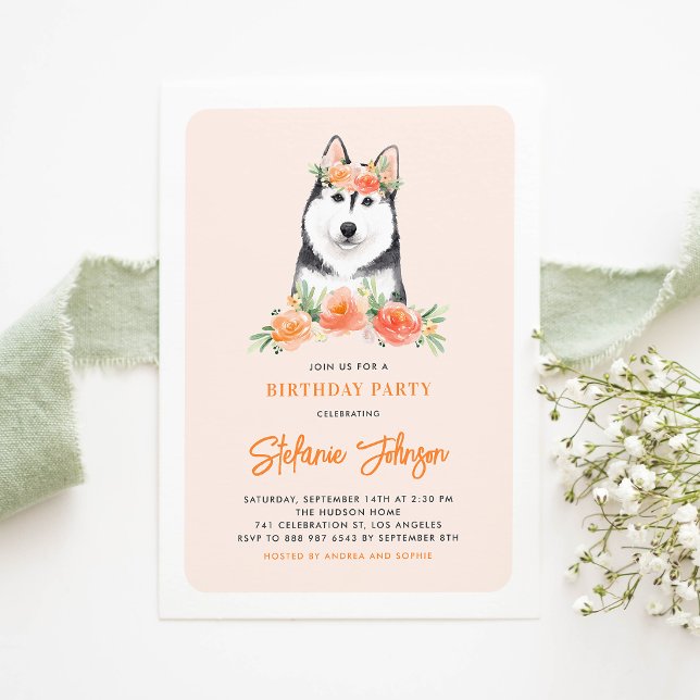 Invitación Cute Siberian Husky Peach Floral Kids Cumpleaños (Subido por el creador)