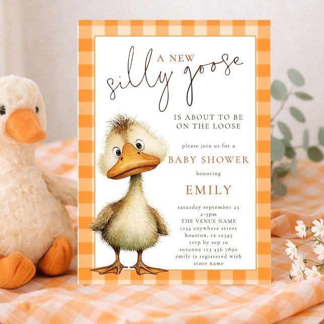Invitación Cute Silly Goose Orange Gingham Baby Shower (Subido por el creador)