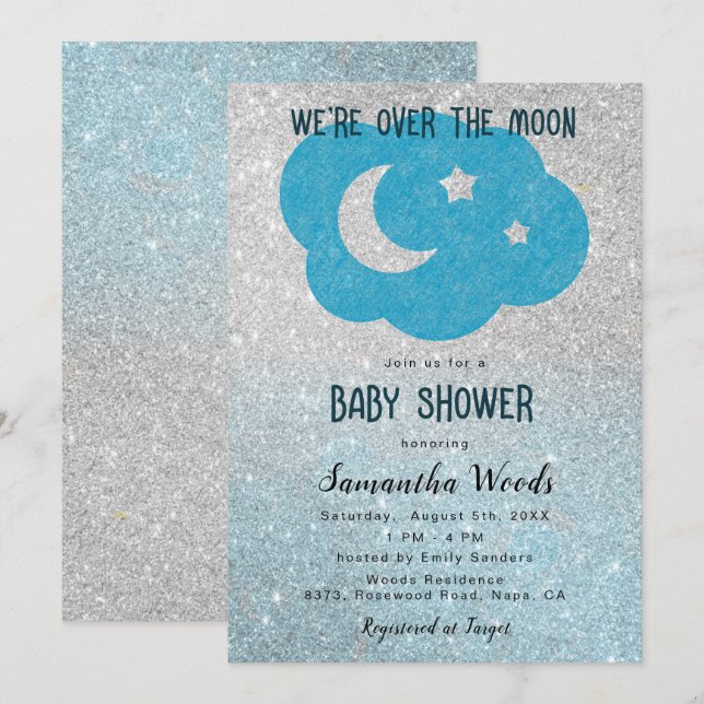 Invitación Cute Silver y Blue Purpurina Moon Baby Shower (Anverso / Reverso)