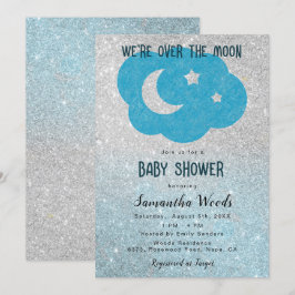 Invitación Cute Silver y Blue Purpurina Moon Baby Shower