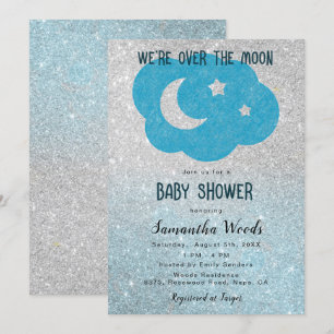 Invitación Cute Silver y Blue Purpurina Moon Baby Shower