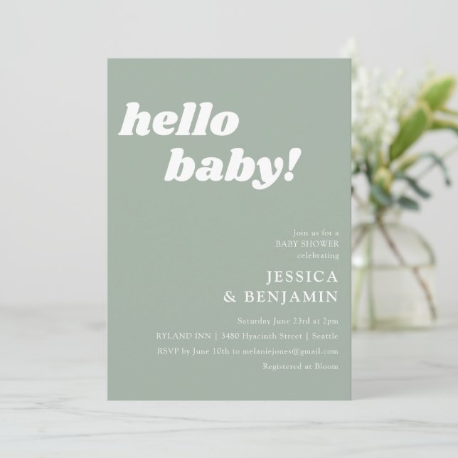 Invitación Cute Simple Dusty Sage Hello Baby Shower (Anverso de pie)