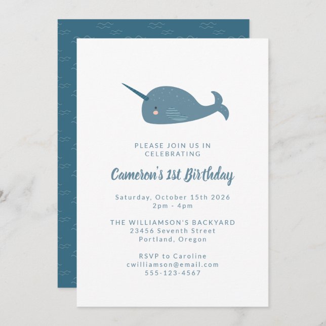Invitación Cute simple Narwhal Ocean Blue primer Fiesta de cu (Anverso / Reverso)