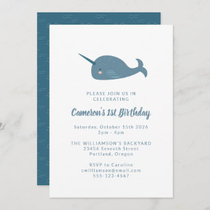 Invitación Cute simple Narwhal Ocean Blue primer Fiesta de cu