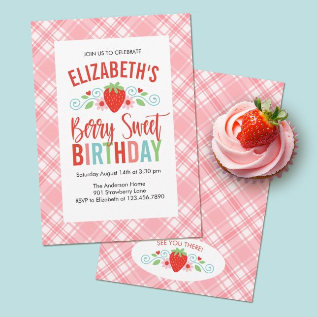 Invitación Cute Simple Red Berry Sweet Birthday (A pink strawberry "Berry Sweet" girls first birthday party invitation)