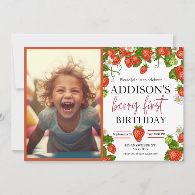 Invitación Cute Simple Red Blue Berry Sweet 1er cumpleaños (Anverso)