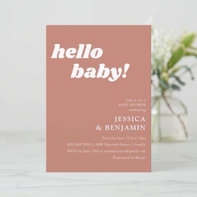 Invitación Cute Simple Terracotta Hola Baby Shower (Anverso de pie)