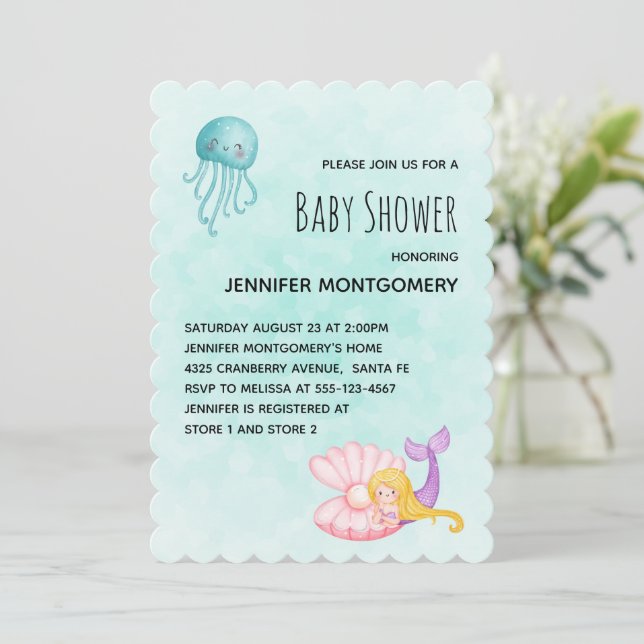 Invitación Cute Sirena Bajo el Mar Acuarela Baby Shower  (Anverso de pie)