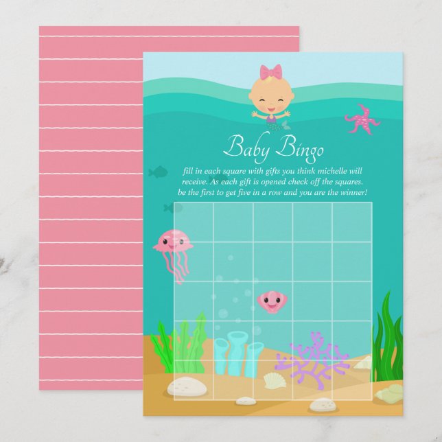 Invitación Cute sirena bajo el mar Chica Baby Shower Bingo (Anverso / Reverso)