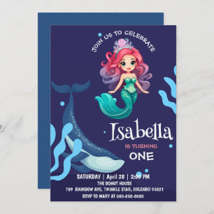 Invitación Cute Sirena corona ballena arco iris Fiesta de cum