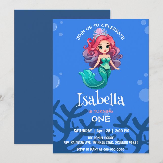Invitación Cute Sirena corona ballena arco iris Fiesta de cum (Anverso / Reverso)