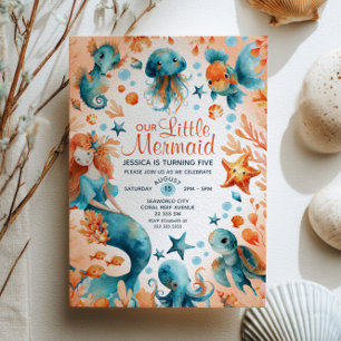 Invitación Cute Sirmaid Ocean Marine Life Chicas Niños Cumple