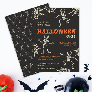 Invitación Cute Skeleton Black Halloween Party