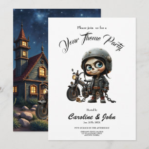 Invitación Cute Skull Biker   Paseo bajo la luz de la luna po