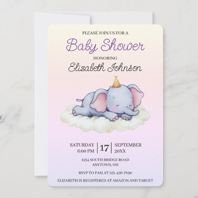 Invitación Cute Sleeping Elephant Baby Shower Invitation (Anverso)
