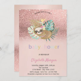 Invitación Cute Sleeping Sloth Rosa Gold Bokeh Baby Shower