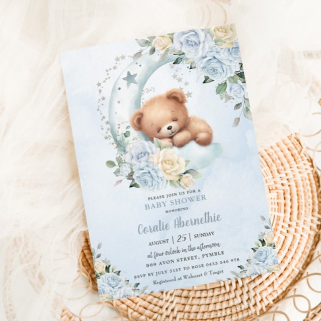 Invitación Cute Sleepy Bear Moon Blue Floral Boy Baby Shower (Subido por el creador)