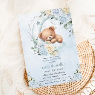 Invitación Cute Sleepy Bear Moon Blue Floral Boy Baby Shower