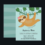 Invitación Cute Slote Tropical Girly Birthday Party<br><div class="desc">Pequeña y pequeña pereza de la jungla en la vid con un amigo de la mariposa. Fondo texturado de color de agua rayado. Todo el texto es ajustable y fácil de usar. Obra de Valarie Wade.</div>