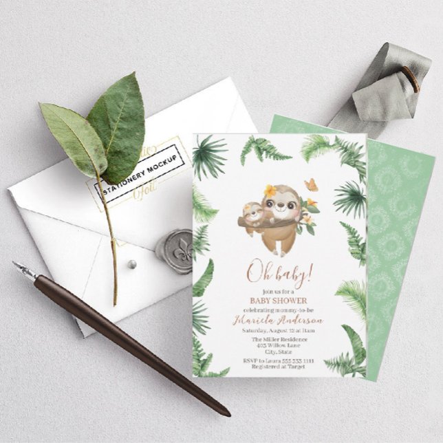 Invitación Cute Sloth Greenery Watercolor Baby Shower (Subido por el creador)