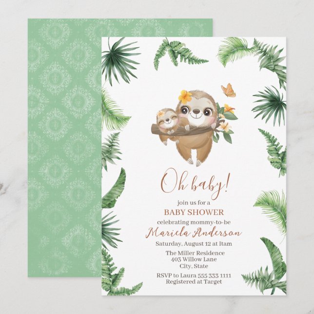 Invitación Cute Sloth Greenery Watercolor Baby Shower (Anverso / Reverso)