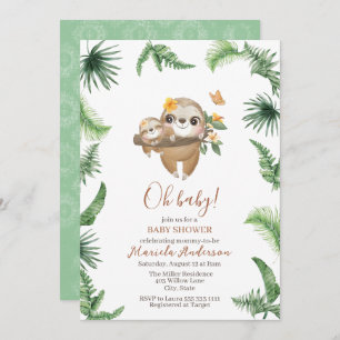 Invitación Cute Sloth Greenery Watercolor Baby Shower