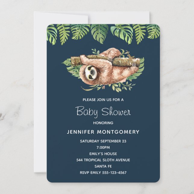 Invitación Cute Sloth & Hojas Tropicales de Acuarela para Duc (Anverso)