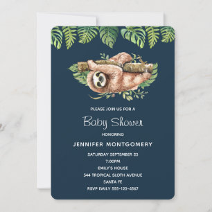 Invitación Cute Sloth & Hojas Tropicales de Acuarela para Duc
