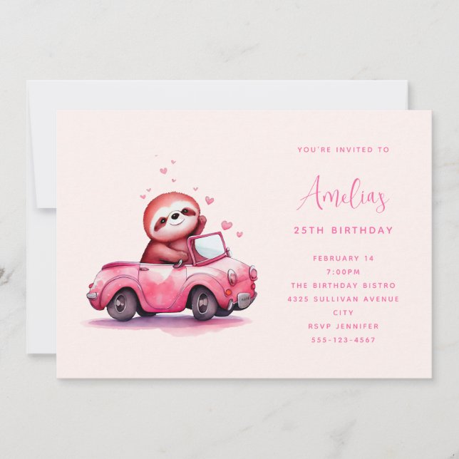 Invitación Cute Sloth in a Pink Convertible  Birthday (Anverso)