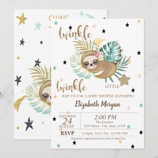 Invitación Cute Sloth Twinkle Little Star Baby Shower (Anverso / Reverso)