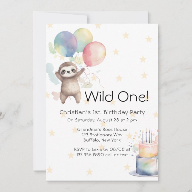 Invitación Cute Sloth Watercolor Globos salvaje un cumpleaños (Anverso)