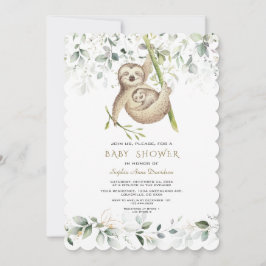 Invitación Cute Sloths Airy Greenery Gold Baby Shower