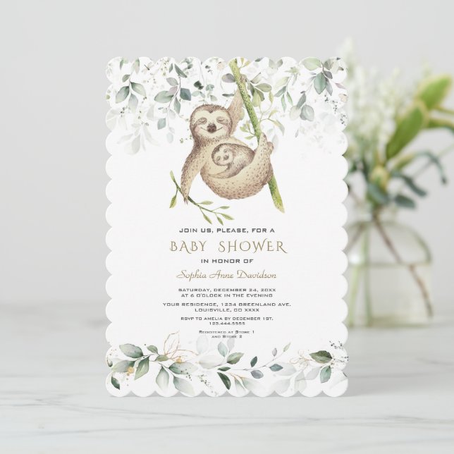Invitación Cute Sloths Airy Greenery Gold Baby Shower (Anverso de pie)
