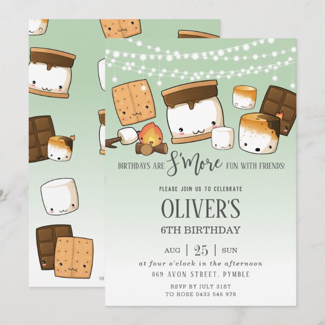 Invitación Cute Smore Smores Camping Bonfire Cumpleaños Green (Anverso / Reverso)