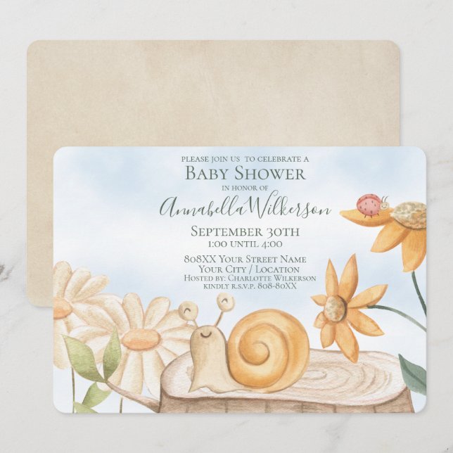 Invitación Cute Snail and Ladybug Garden Tema Baby Shower (Anverso / Reverso)
