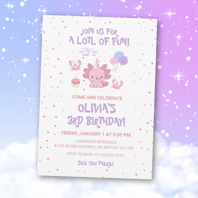 Invitación Cute Soft Axolotl Niños Estrellas rosadas Diversió (Subido por el creador)