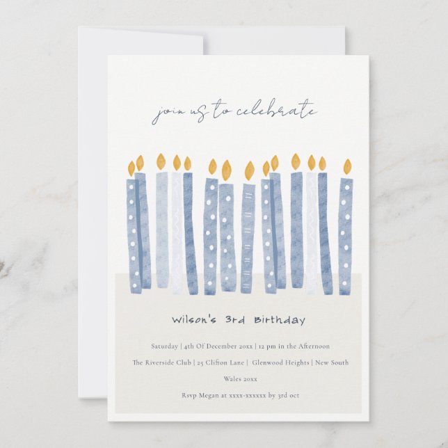 Invitación Cute Soft Pastel Blue Watercolor Velas de Cumpleañ (Anverso)