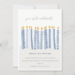 Invitación Cute Soft Pastel Blue Watercolor Velas de Cumpleañ
