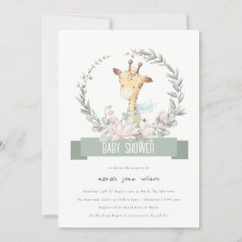 Invitación Cute Soft Safari Giraffe Floral Wreath Baby Shower