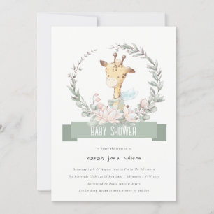 Invitación Cute Soft Safari Giraffe Floral Wreath Baby Shower