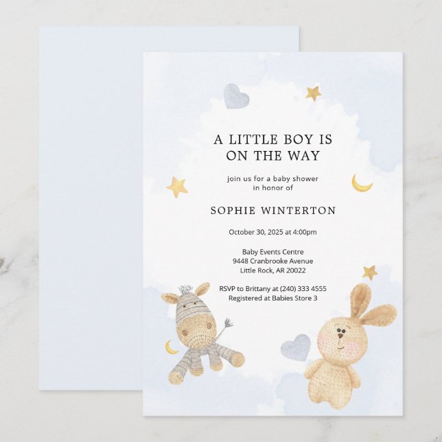 Invitación Cute Soft Toys Boys Baby Shower (Anverso / Reverso)