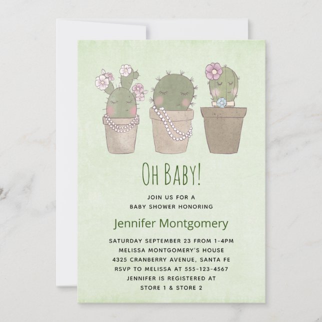 Invitación Cute Sonriente Cactus Trio Watercolor Baby Shower (Anverso)