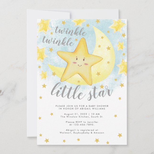 Invitación Cute Sonriente Gold Twinkle Little Star Baby Showe (Anverso)