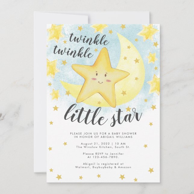 Invitación Cute Sonriente Gold Twinkle Little Star Baby Showe (Anverso)