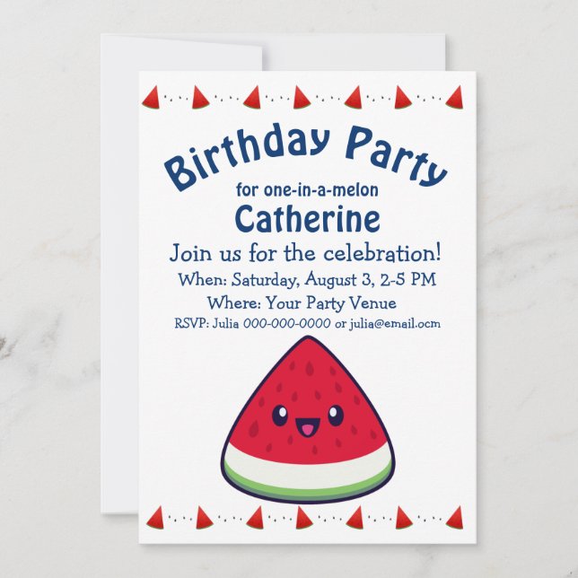 Invitación Cute Sonriente Kawaii Watermelon Cumpleaños (Anverso)