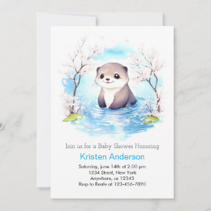 Invitación Cute sonriente Otter Blue Floral Boy Baby Shower