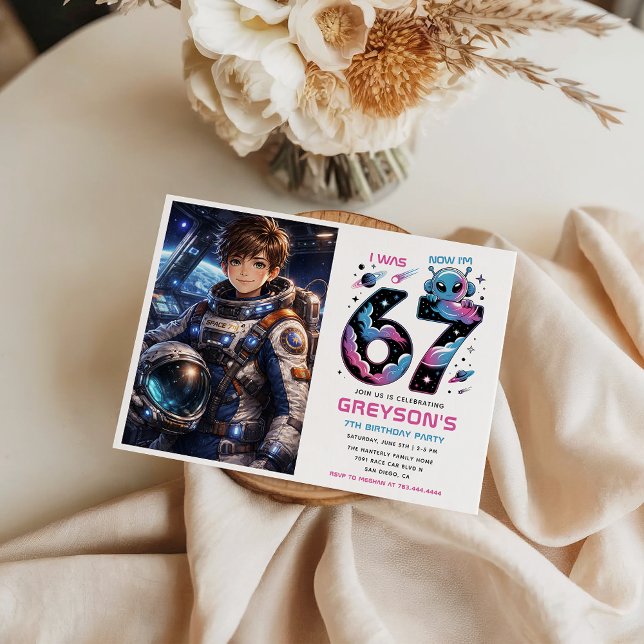 Invitación Cute Space 7th Birthday photo | Six & Seven  (Cute Space 7th Birthday photo | Six & Seven Invitation)