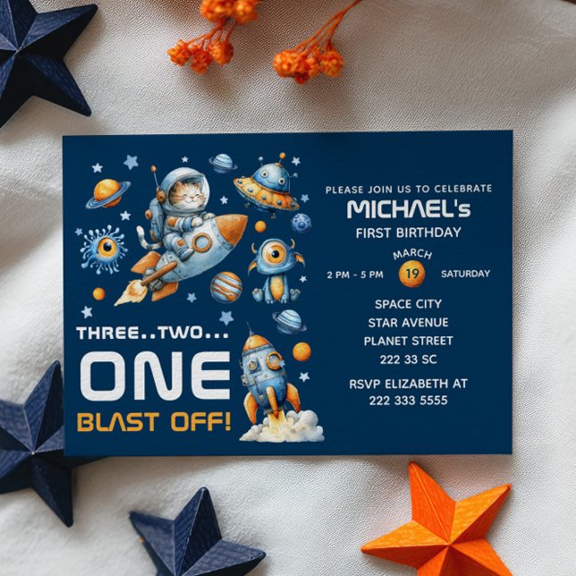 Invitación Cute Space Astronaut Cat Blast Off 1st Birthday (Subido por el creador)