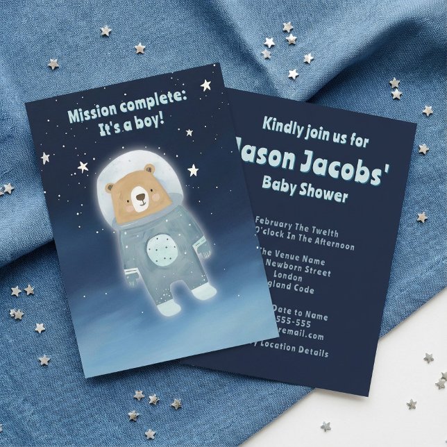 Invitación Cute Space Bear Baby Shower es un astronauta mascu (Cute Space Bear Baby Shower it's a boy astronaut Invitation.)